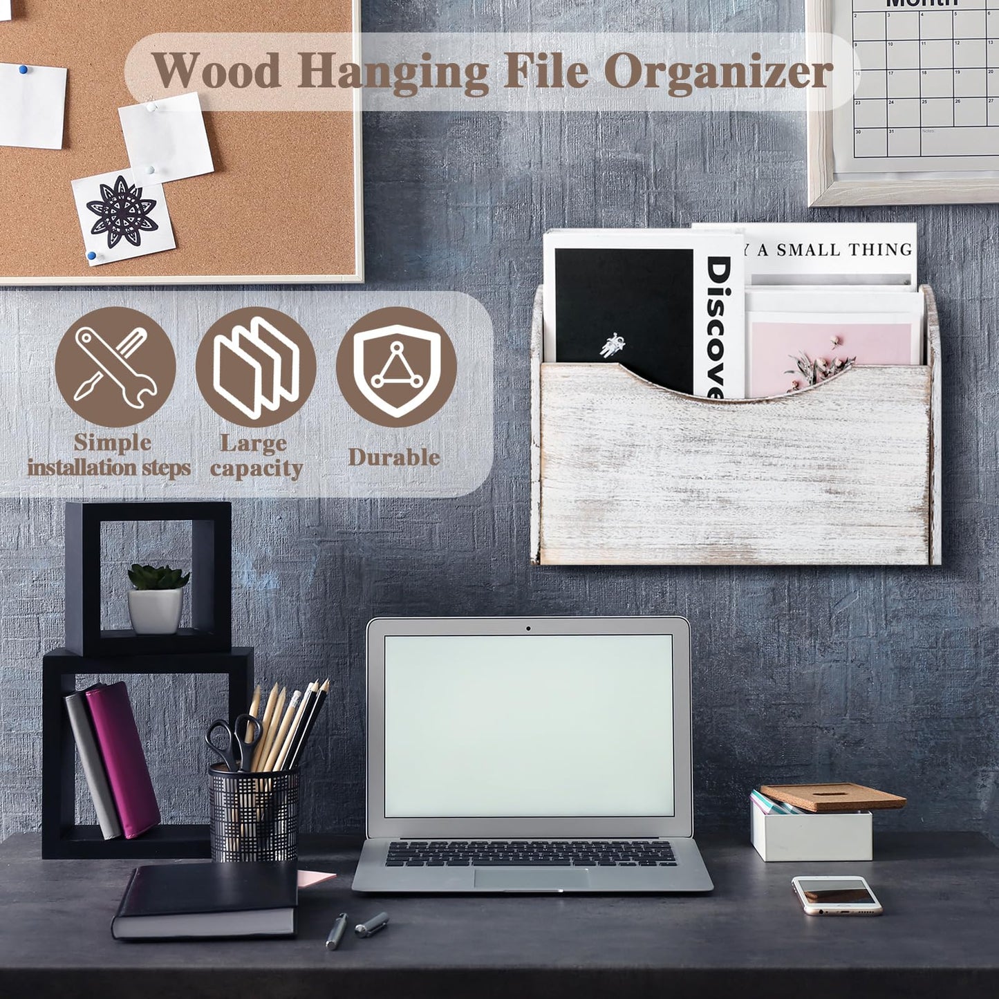 Suzile Wall Mounted File Holder Wood Magazine Holder Wall Hanging File Organizer for Office Mail Magazine Letter Paper Folder Organization (White)