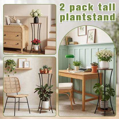 Tandefio 2 Pack 31'' Plant Stand Indoor, 2 Tier Round Potted Holder Rack, Wood Corner Flower Pot Stand Shelf for Living Room Balcony Patio Garden, Brown