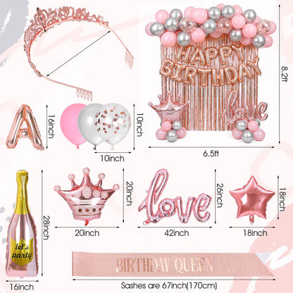 Ckhoid 60PCS Birthday Party Decoration Rose Gold Party Backdrop with Happy Birthday Banner Pink Fringe Curtain Foil & Confetti Crown Wine Bottle Lipstick Birthday Balloons for Women Birthday Party