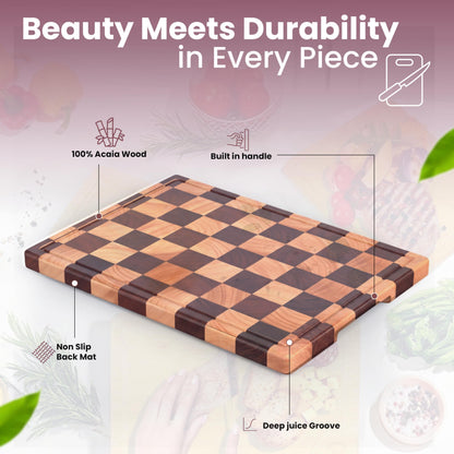 Kitchletic Charcuterie Board & Cutting Board for Kitchen – Acacia Wood Butcher Block with Juice Grooves & Handles, Large 16.5"x11.6" Serving Tray, Gift Box Included – Care Guide Inside