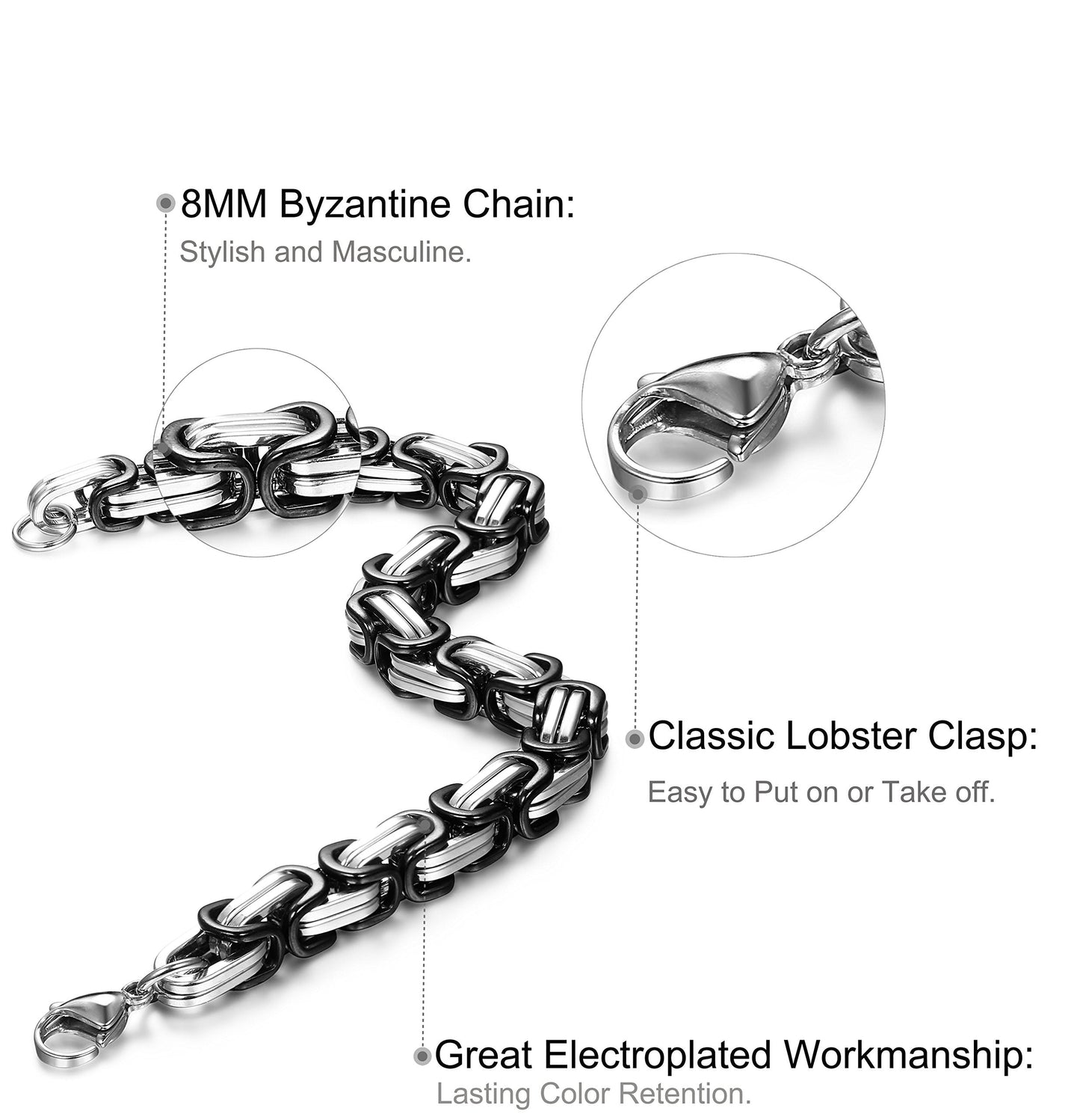 FIBO STEEL 3 Pcs 8MM Stainless Steel Chain Link Bracelets for Men Byzantine Bracelets,8.5 inches