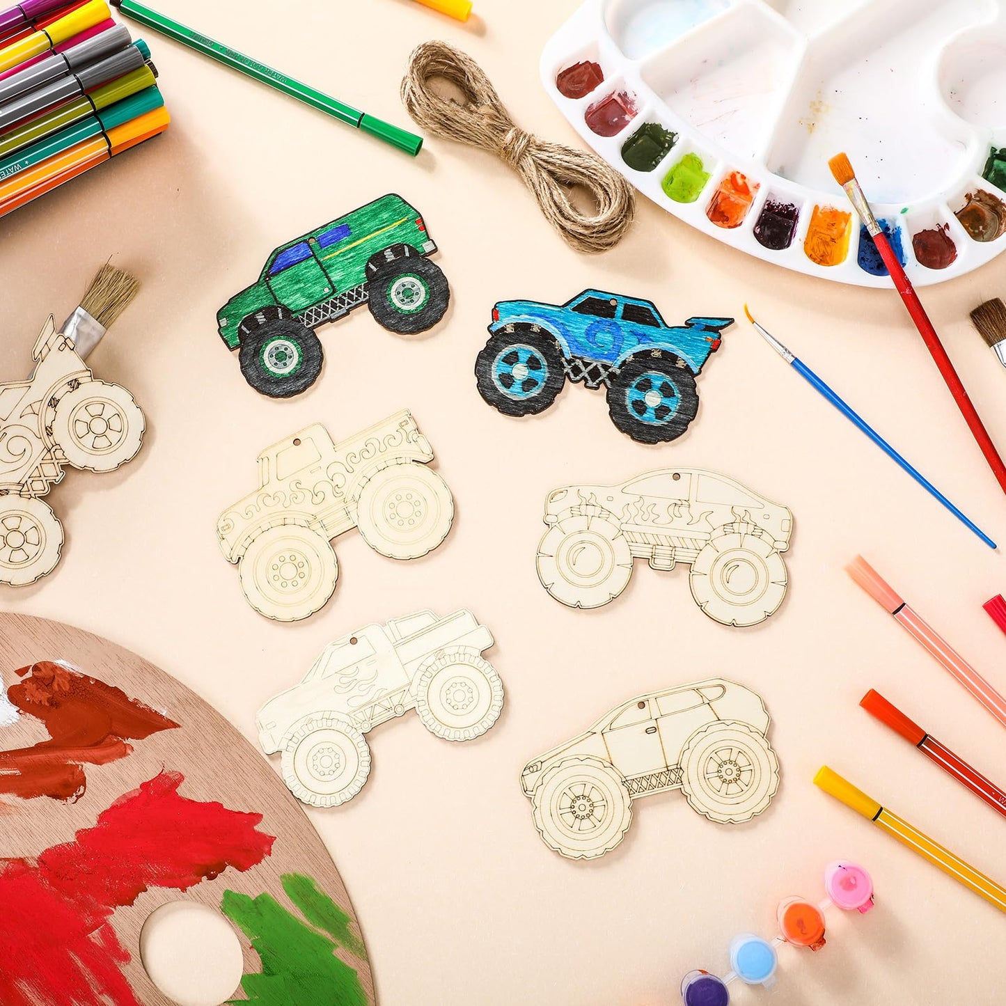 Simgoing 36 Pcs Wooden Cars to Paint Unfinished Wood Monster Truck Cutouts Crafts Hanging Ornaments DIY Blank Wood Crafts for Home Birthday Craft Supplies & Party Decorations