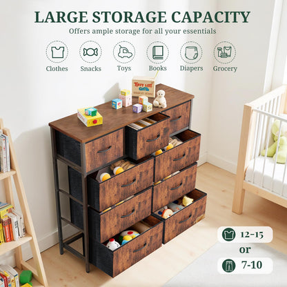 9-Drawer Dresser for Bedroom, Anti-Tip Tall Storage Organizer Chest of Drawers with Wooden Top and Metal Frame Fabric Bins for Closet, Living Room, Hallway, Entryway, Brown
