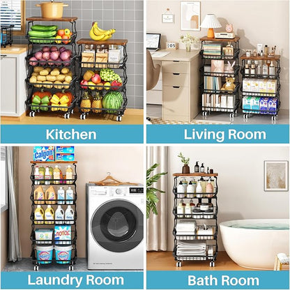 4 Tier Vegetable Fruit Basket for Kitchen, Stackable Metal Fruit and Vegetable Storage Baskets with Rolling Wheels Cart, Fruteros Para Cocina Potato and Onion Bin Pantry Kitchen Island Cart Counter