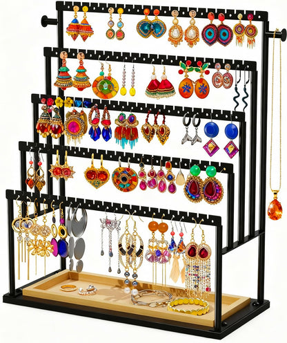 TIPSYTREE Earring Holder Organizer, 5-Tier Jewelry Display Stand with Matte Black Metal Frame and Wooden Tray, Large Earring Holder for Studs, Hoops, Dangles, Modern Jewelry Organizer for Women
