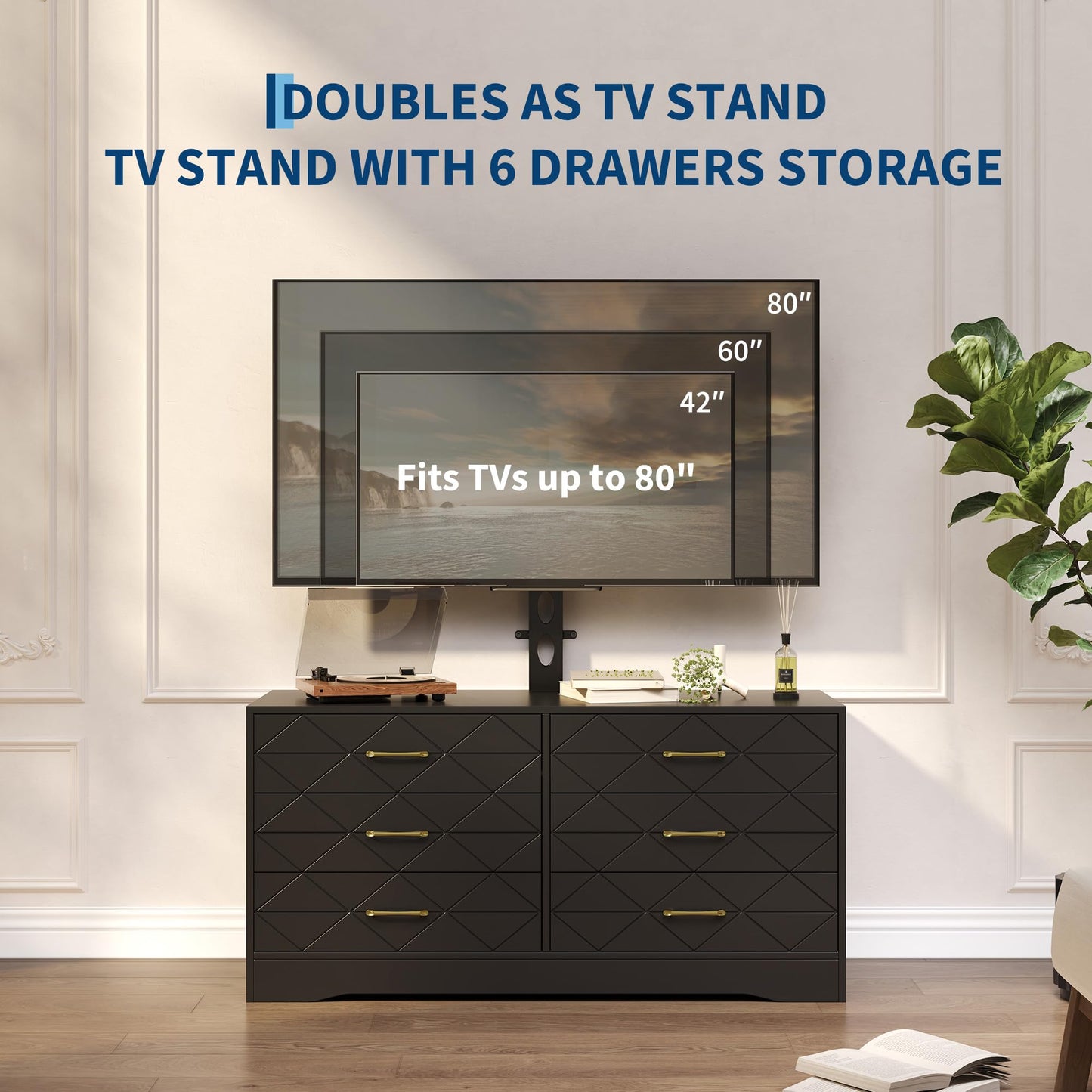 Garvee TV Stand with 6 Storage Drawer for Living Room, Bedroom, Black TV Stands w/Height Adjustable Mount Fit 32-80 Inch TVs, Universal Wooden Dresser As Entertainment Center, Farmhouse Console Table