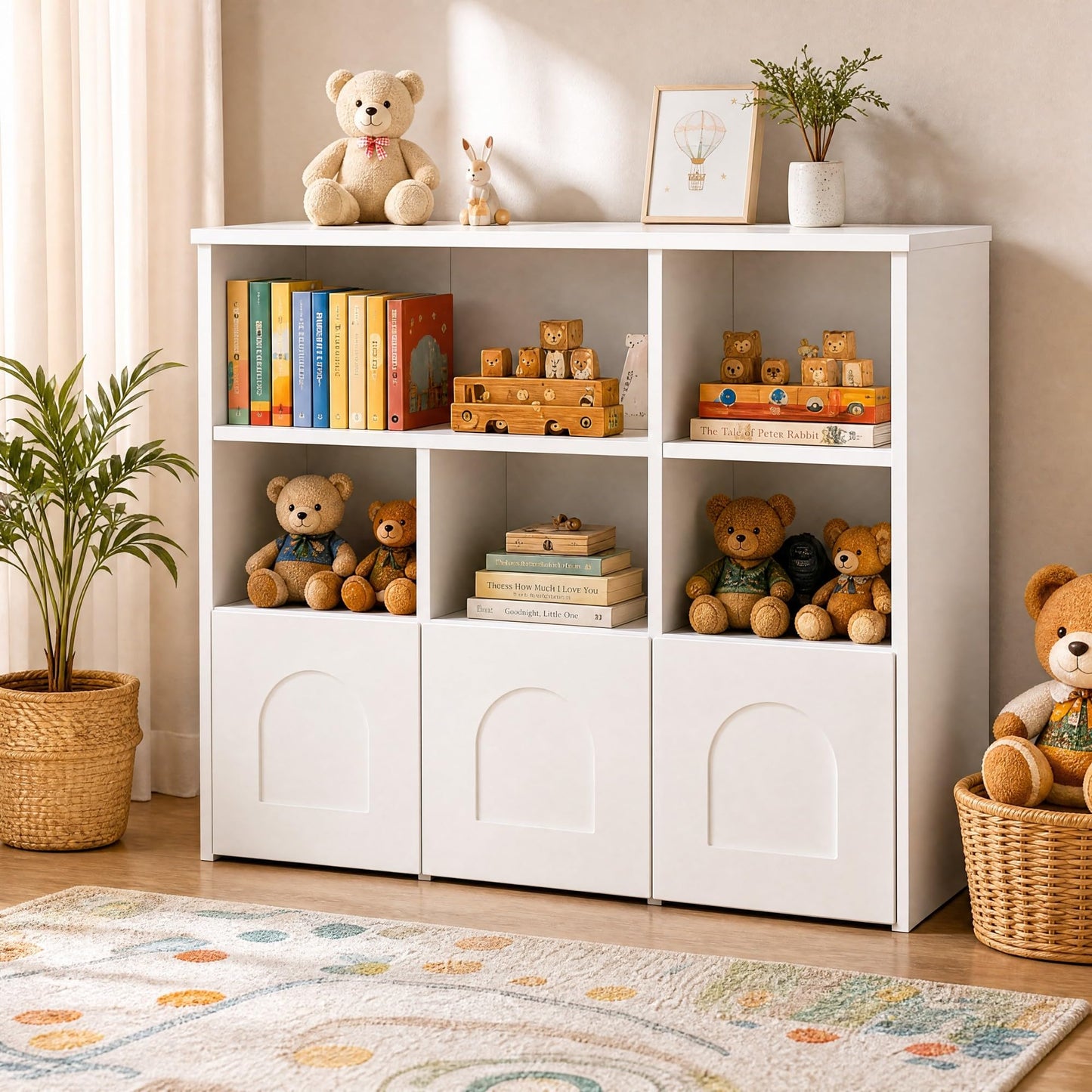 knoworld Toy Storage Organizer,Kid Bookshelf with 5 Cubbies+3 Roll Out Drawers with 360° Wheels, 15mm Thick Wooden Toy Box, Gift-Ready for Kid, Playroom Daycare Living Room, White (39" W)