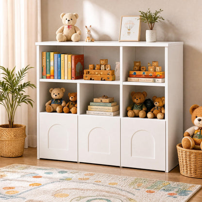 knoworld Toy Storage Organizer,Kid Bookshelf with 5 Cubbies+3 Roll Out Drawers with 360° Wheels, 15mm Thick Wooden Toy Box, Gift-Ready for Kid, Playroom Daycare Living Room, White (39" W)