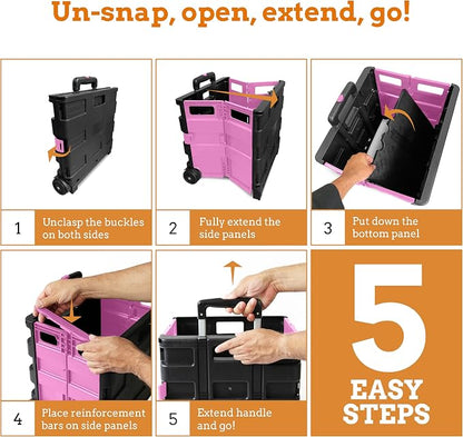 Inspired Living Ultra-Slim Rolling Collapsible Storage Pack-N-Roll Utility-carts, with Telescopic Handle, for Home, Garden, Shopping, Office, School use, Large, Pink & Black