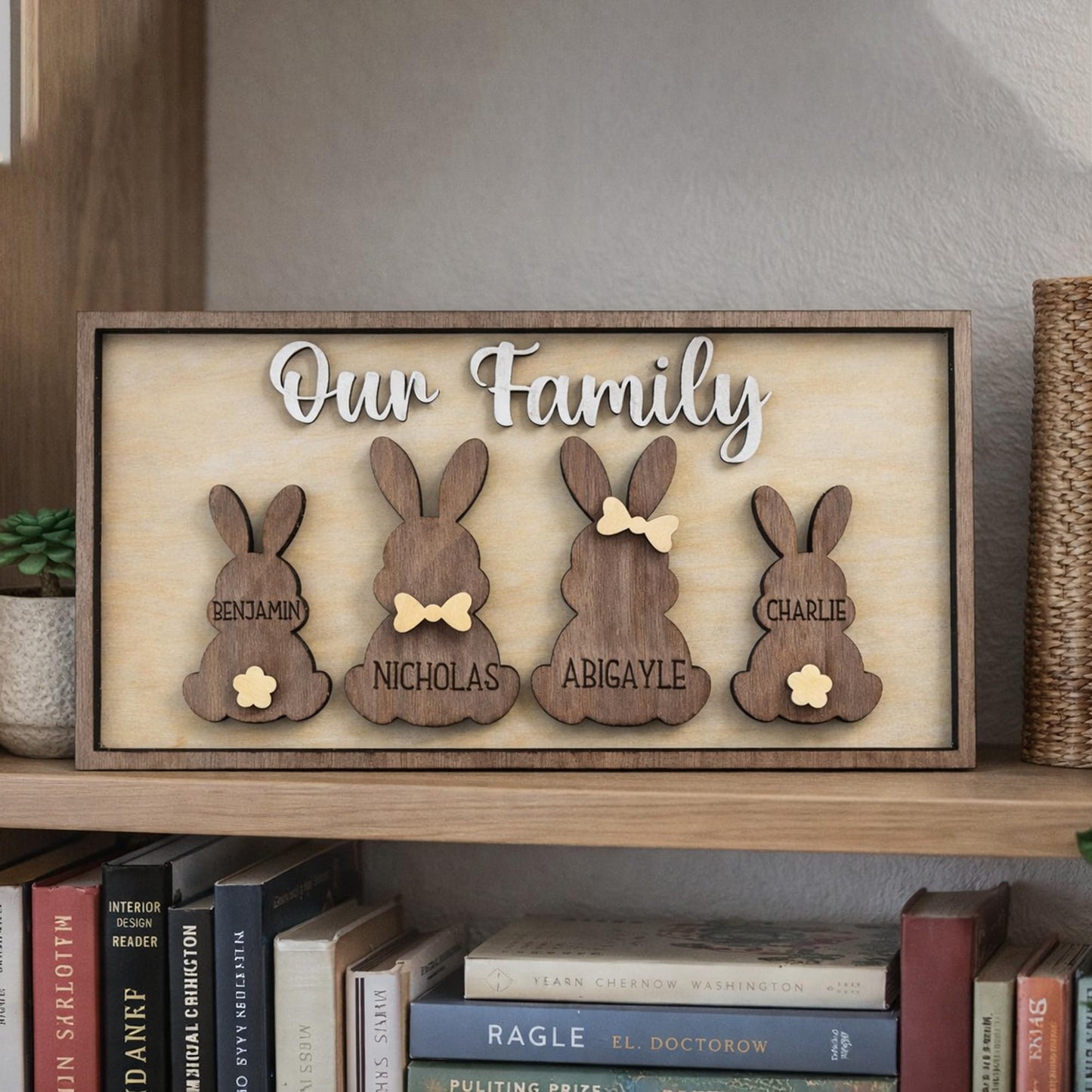 Personalized Bunny Family Sign – Custom Wooden “Our Family” Easter Bunny Name Plaque, Rustic Layered Rabbit Home Decor for Spring, Mantel, Shelf, Farmhouse Gift for Mom & Family 1
