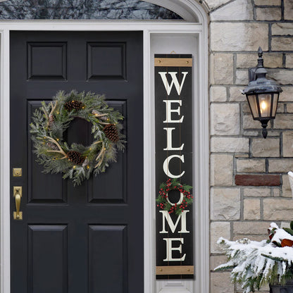 Glitzhome 5ft H Wooden Welcome Sign with 4 Interchangeable Wreaths - Spring/Patriotic/Fall/Christmas Floral Wreaths, Farmhouse Hang/Lean Wall Decor for Front Door, Porch, Yard - Solid Wood, Style3