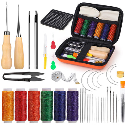 MORFEN Leather Sewing Kit Upholstery Repair Kit Leather Stitching Kit with Hole Punch, Waxed Thread, Sewing Awl, Upholstery Needles, Leatherworking Tools for Hand Stitching Furniture, Car, Sofa