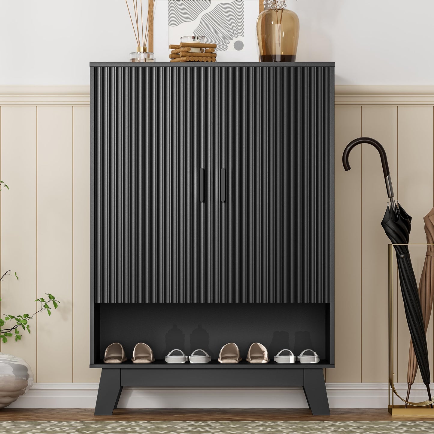 Shoe Cabinet Storage for Entryway, 5 Tier Fluted Shoe Storage Cabinet with Wooden Legs, Narrow Hidden Shoe Organizer with Adjustable Shelves, Freestanding Shoe Rack for Entryway, Hallway, Black