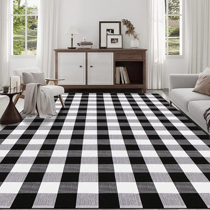 YINMEIJU Buffalo Plaid Rug 5.5'x7.5'Black and White Area Rug,Washable Cotton Woven Indoor/Outdoor Rug for Farmhouse/Dining Room/Bedroom/Living Room Rug Retro Lattice Checkered Carpet