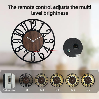 LEIKE Large Wall Clock 32'' Lighted Rustic Wood Clock with Remote Timer, Silent Battery Operated Modern Oversized Wall Clock for Living Room, Bedroom, Farmhouse, Home Decor, Large Number Display