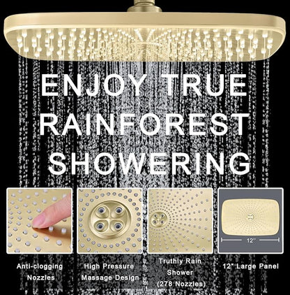 BOZYBO Rain Shower Head with Handheld: High Pressure Shower Heads with Handheld Spray Combo, 12" Rainfall Shower Head and 9 Sprays Hand Showerheads with Magnetic Docking and Power Jets, Gold 1.75GPM