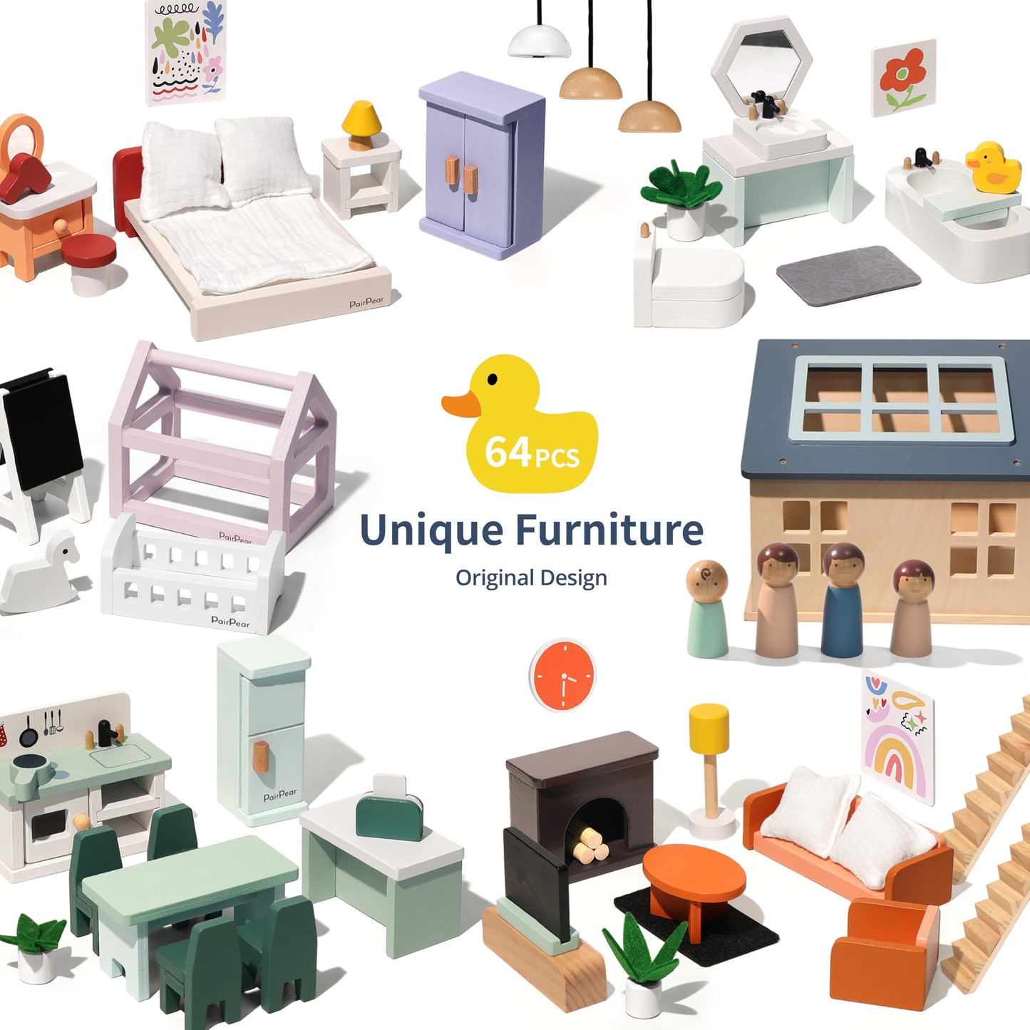 PairPear Large Wooden Dollhouse with Furnitures, Pretend Doll House Toys