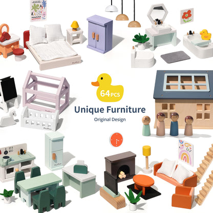 PairPear Large Wooden Dollhouse with Furnitures, Pretend Doll House Toys