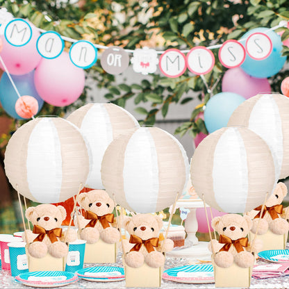 Baquler 12 Sets Baby Shower Hot Air Balloon Table Centerpieces DIY Paper Lanterns Stuffed Plush Bear Wooden Baskets for Wedding Birthday Gender Reveal (Beige White,Mixed Style)
