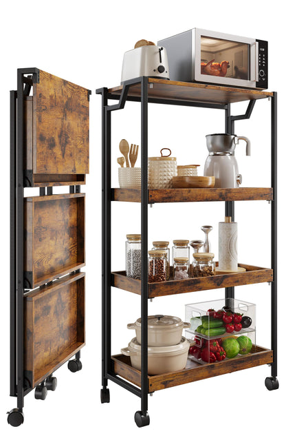 PeakPursuit Large 4-Tier Collapsible Wooden Storage Shelf – Heavy Duty 100 lbs Capacity, Locking Wheels – Space-Saving Organizer for Kitchen, Garage, Workshop, Home – No Assembly Required