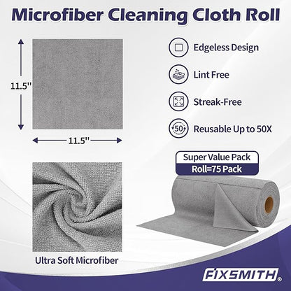 FIXSMITH Microfiber Cleaning Cloth Roll -75 Pack, Microfiber Towel Roll Tear