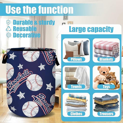 Baseballs and Stars Laundry Basket, Laundry Hamper Collapsible Oxford Cloth