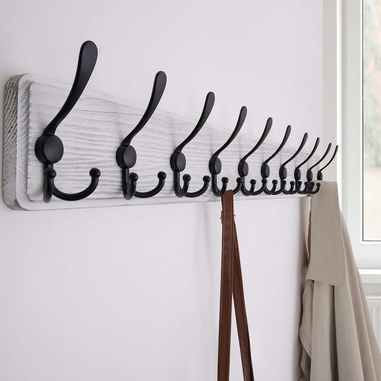 SKOLOO Coat Rack Wall Mounted - 38.3'' Long, Wooden, Heavy Duty, Rustic Coat Hooks for Wall, Wall Coat Rack with 10 Triple Hooks for Hanging Clothes, Jacket, Hat(Weathered White)