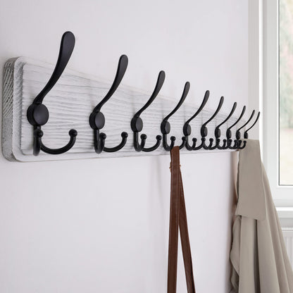 SKOLOO Coat Rack Wall Mounted - 38.3'' Long, Wooden, Heavy Duty, Rustic Coat Hooks for Wall, Wall Coat Rack with 10 Triple Hooks for Hanging Clothes, Jacket, Hat(Weathered White)