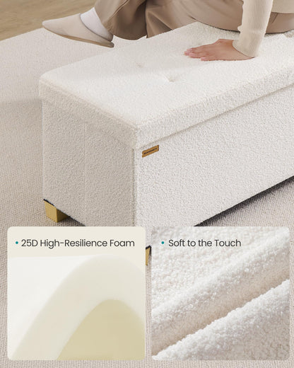 SONGMICS Storage Ottoman Bench with Legs, Folding Ottoman Foot Rest with Flipping Lid, Bench with Storage, for Living Room, Bedroom, Entryway, Teddy Fleece, 43.3 Inches, Cream White ULSF081WD01