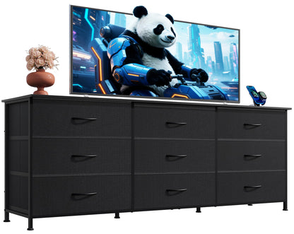WLIVE 63''W Dresser for Bedroom, Black Dresser TV Stand for 65, 70, 75 inch TV, Wide Chest of Drawers with 9 Drawer, Large Entertainment Center, Fabric Dressers with Wood Top for Closet, Living Room