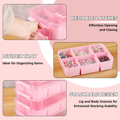 CraftGenes Art Supply Storage Organizer with 2 Removable Trays, 4-Layer 10QT Durable Craft Organizers and Storage for Sewing, Tool, Office Supplies, Art, Craft Supplies(Pink)