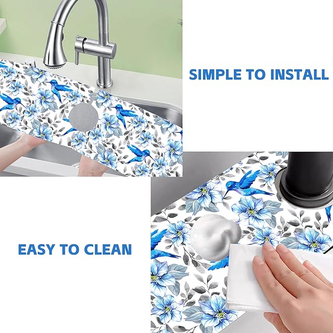 Kitchen Sink Splash Guard Faucet Mat Blue Floral and Hummingbird Absorbent Fast