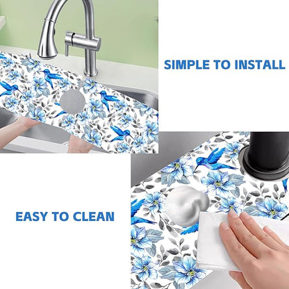 Kitchen Sink Splash Guard Faucet Mat Blue Floral and Hummingbird Absorbent Fast