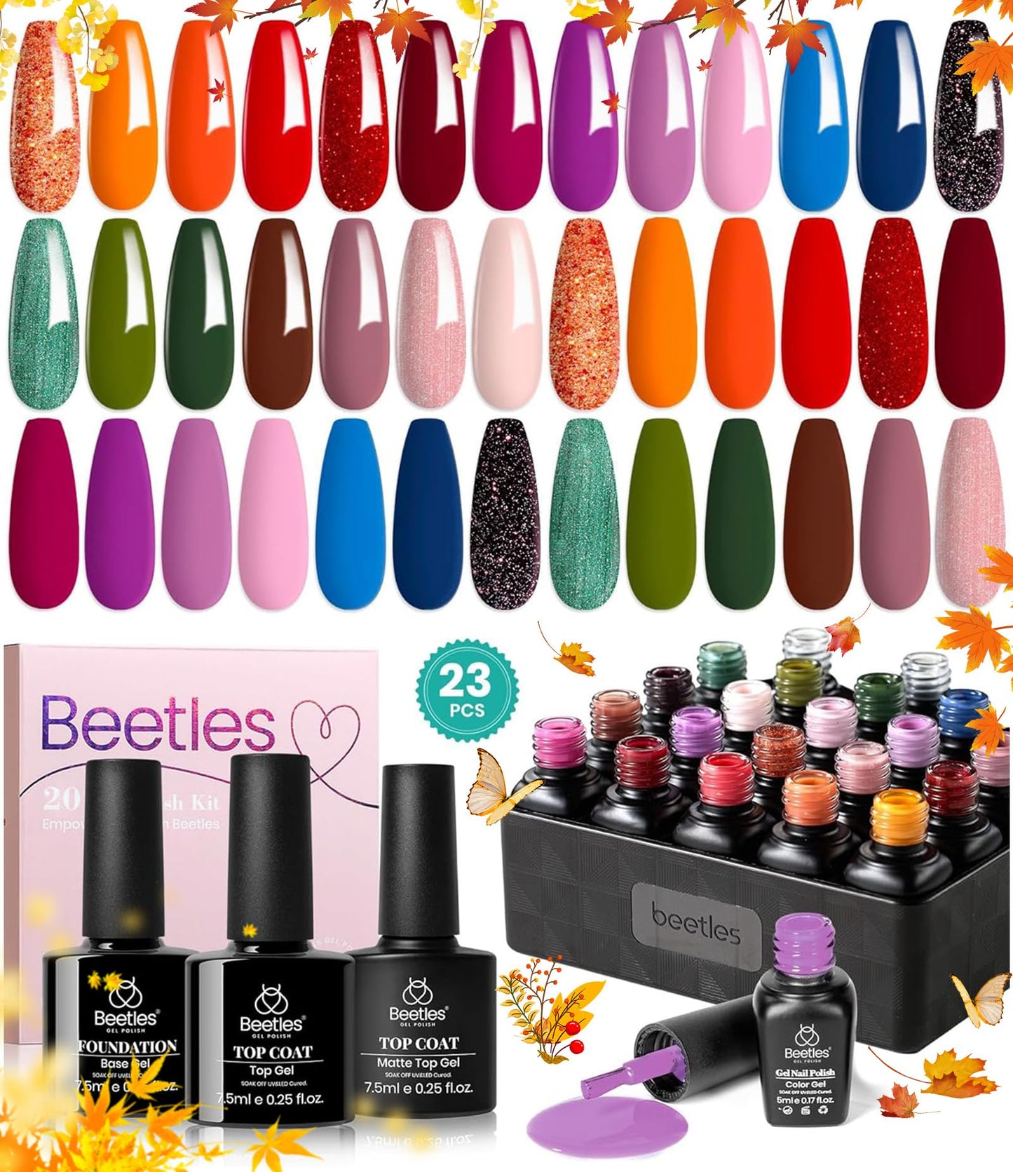 Beetles Gel Nail Polish Kit with U V Light - 80Pcs Fall Nail Fest Color Enchantment 55 Colors Gel Polish Starter Kit with Base Top Coat DIY Nails Stickers Manicure Tools Gift for Women Teens Girls
