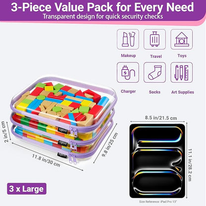 YQBRAO 3-Pack Large Clear Hard Shell Zipper Case, 1.2mm Ultra-Thick Rigid Toy & Closet Organizer, Heavy-Duty Diaper Bag Pouch Set with YKK Zippers, Waterproof Travel Storage (Purple)