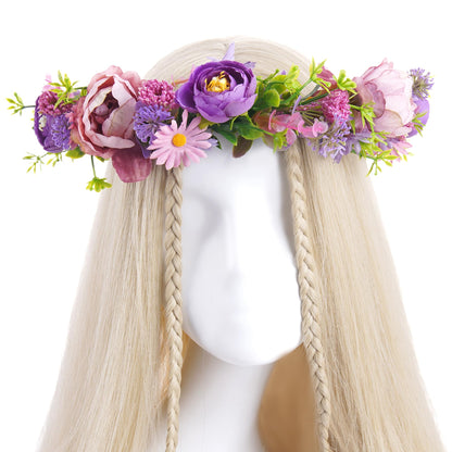 KorViSHOW Purple Flower Crown Headband, Artificial Fairy Daisy Floral Headpiece, Forest Boho Bridal Flower Crown for Women Girls Maternity Renaissance Weeding Festivals Birthday Hair Accessories