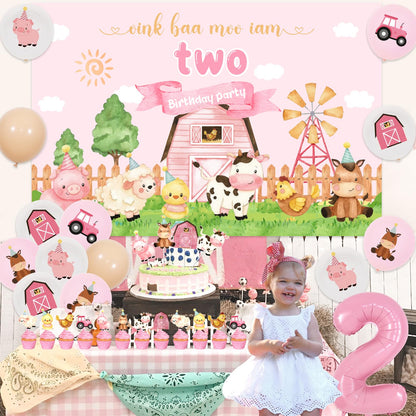 Farm 2nd Birthday Decorations for Girl - Oink Baa Moo Im Two Backdrop, Banner, Farm Animal Cake Topper, Cupcake Toppers, Balloons, Pink Farm Moo Moo I Am Two Barnyard Birthday Party Supplies