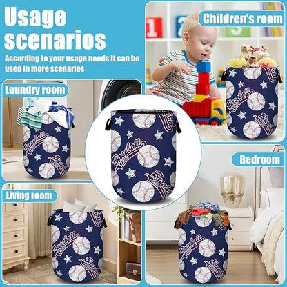 Baseballs and Stars Laundry Basket, Laundry Hamper Collapsible Oxford Cloth