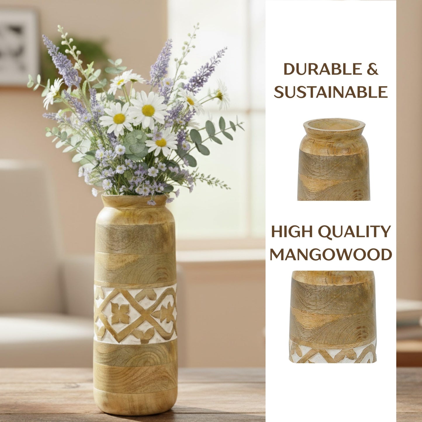 Mela Artisans Mollem 12" Mango Wood Vase with 3.6" Top Opening – Wooden Flower Vase with Medium Burnt Finish for Entryway Decor, Dining Table Centerpiece & Rustic Home Decor