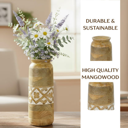 Mela Artisans Mollem 12" Mango Wood Vase with 3.6" Top Opening – Wooden Flower Vase with Medium Burnt Finish for Entryway Decor, Dining Table Centerpiece & Rustic Home Decor
