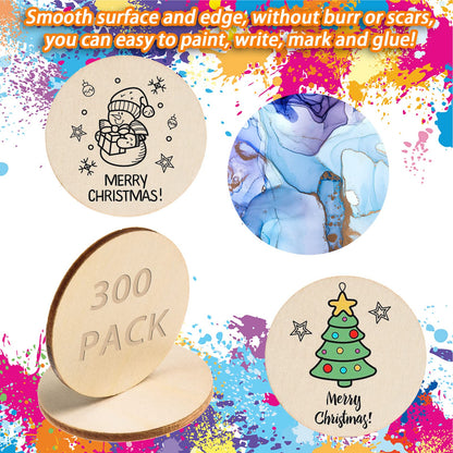 300 Pieces 2 Inch Unfinished Round Wood Slices Rounds Wooden Discs Wood Circles for Crafts Wood Blanks Round Cutouts Ornaments Slices for DIY Art Crafts Christmas Decorations