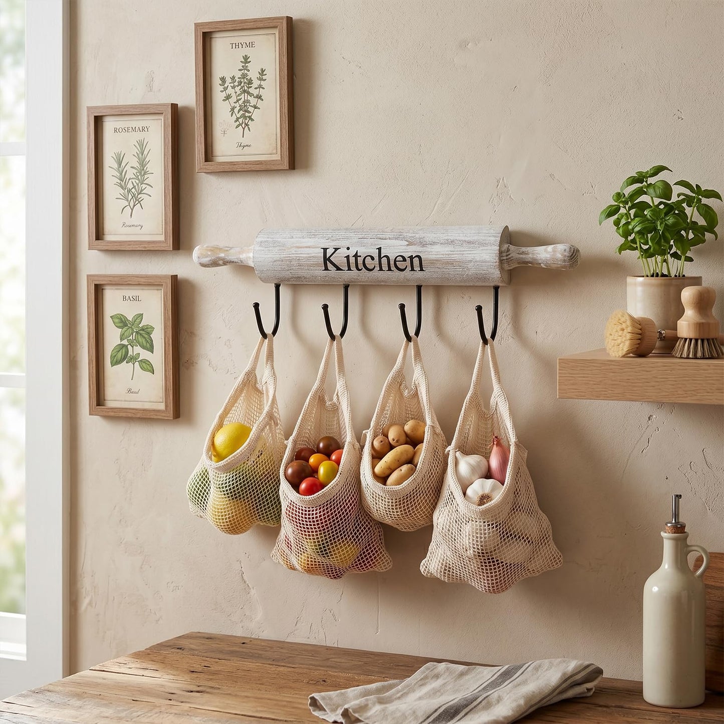 MyGift Wall Mounted Kitchen Utensil Rack, Rustic White Washed Wood Rolling Pin Cooking Tool Hanger with 4 Hooks for Aprons, Dish Towel, Mugs, Spoons