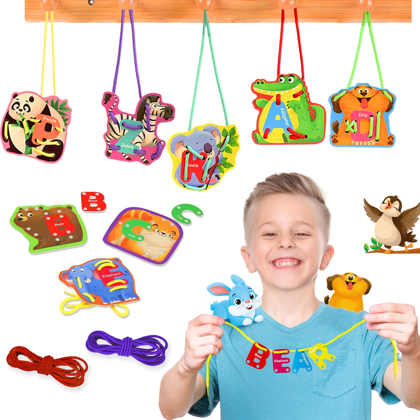 52 PCS Animals Lacing Cards for Kids Ages 3-5, Uppercase Sewing Cards Kits, Animal Alphabet Matching Games for Preschool Learning, Developing Fine Motor Skills Supplies