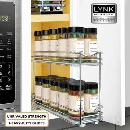 LYNK PROFESSIONAL® Pull Out Spice Rack Organizer for Inside Kitchen Cabinets - 4-1/4 inch Wide - Slide Out Drawer – Chrome Sliding Spice Cabinet Organization Shelf Racks - 2 Tier