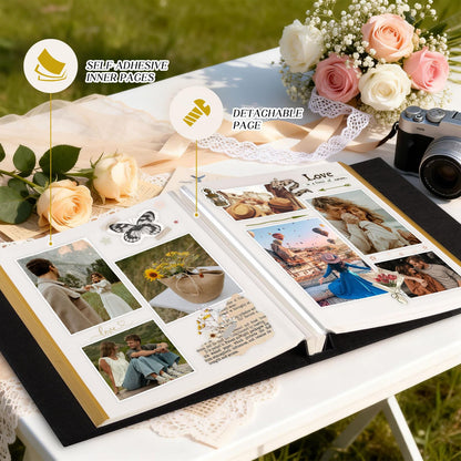 Lanpn Couples Scrapbook Photo Album - The Story of Us, Linen Wedding Anniversary Self Adheisve Picture Book holds 4x6 5x7 A5 Photo for Love Newlywed Valentine's Day (Large 40 Sheets/80 Pages, Beige)