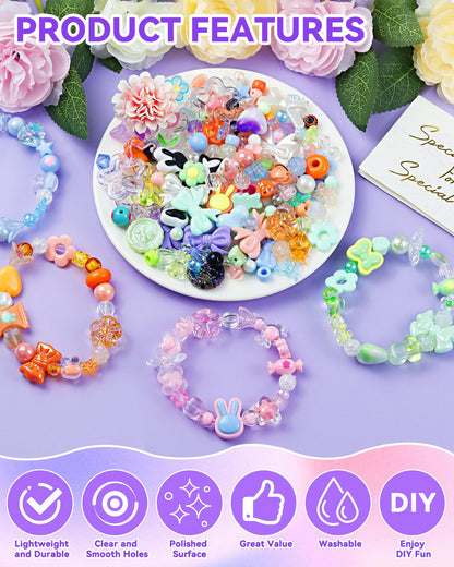 450PCS FIVEIZERO Assorted Acrylic Beads for Bracelet Making, Flower Star Heart Butterfly Candy Gummy Bear Kawaii Aesthetic Cute Beads for Jewelry Making, Keychains, Necklace, Phone Charms, DIY Crafts
