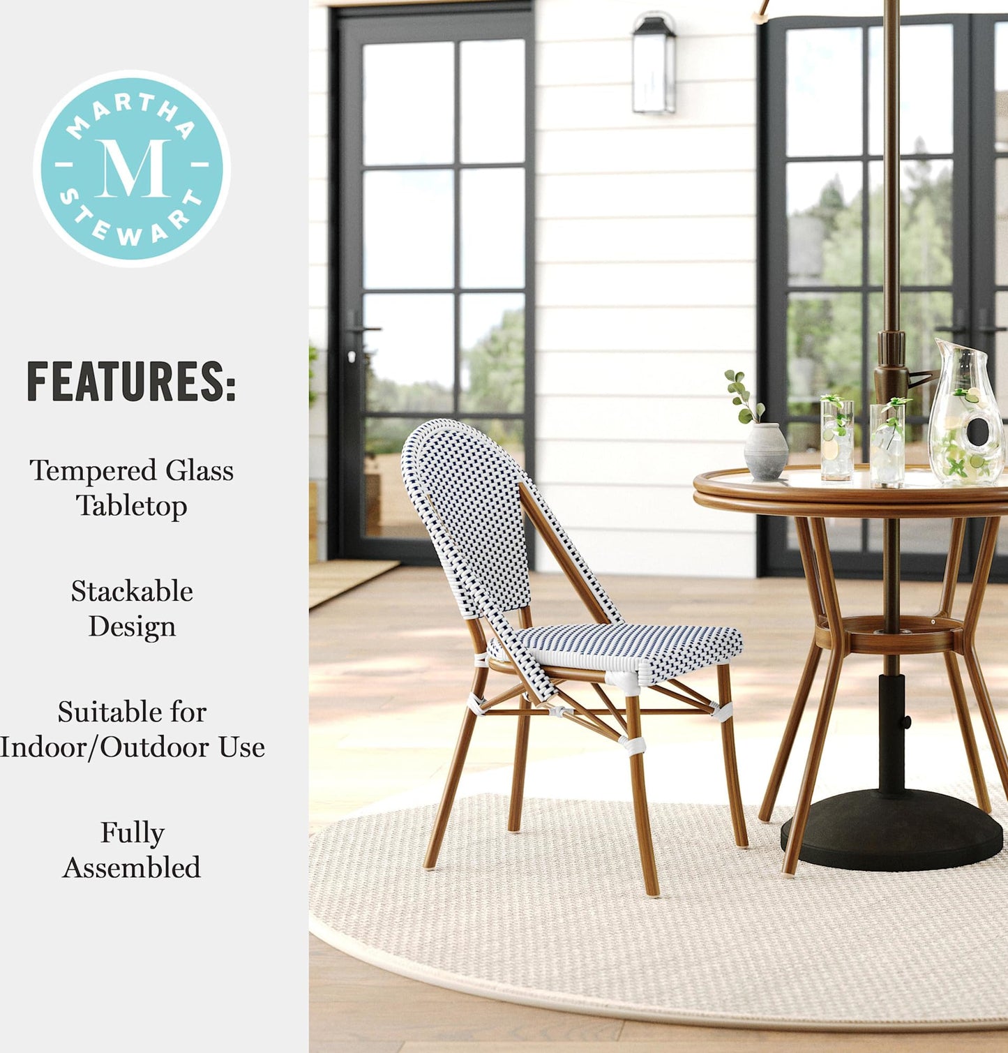 Martha Stewart Lily Pond 31” Round Indoor-Outdoor Bistro Dining Table with Aluminum Frame in Gray Woodgrain and Rattan Top in White/Gray with Tempered Glass Top