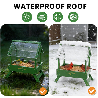 MIXXIDEA Ground Bird Feeder for Outdoors - Bird Feeder with shelter for Bird &Squirrel Wooden Chicken Picnic Table Platform Feeder Wild Bird Feed Crow Feeder for Outside with 5 LBS Capacity