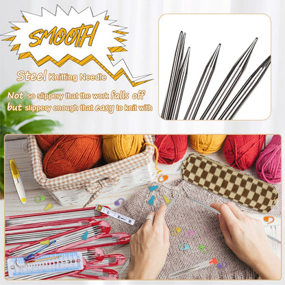 Aeelike 55pcs Double Pointed Knitting Needles - Short Knitting Needles Set Straight Knitting Needles Double Pointed for Beginners - 11 Sizes Stainless Steel Metal Knitting Needle Sets 2mm to 6.5mm
