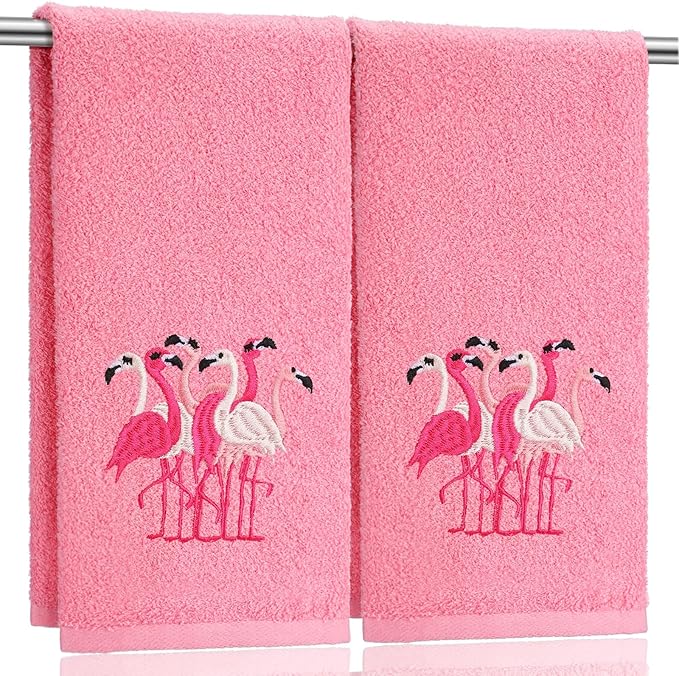 2 Pcs Flamingo Hand Towels Hot Pink Bathroom Decor 14x29 Inch Embroidered 100%